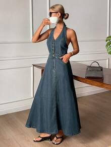 DAZY Western Cowgirl Halter A-Line Maxi Casual Denim Dress For Women, Spring/Autumn - Blue - View 6