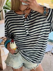 DAZY 撞色条纹宽松圆领长袖轻薄休闲度假上衣T恤，女士，春夏款 - 藏蓝色 - 查看 6