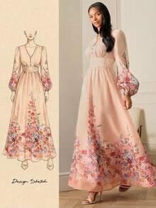 Lilora 优雅高端精致薄纱花卉印花收腰V领水钻装饰荷叶边泡泡袖女士长裙 - 彩色 - 查看 2