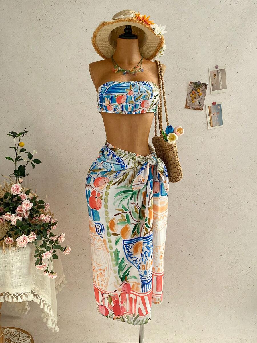 Soleia Women's Vacation Fruit Print Cropped Bandeau Top And Side Tie Skirt 2 Pieces Set - Multicolor - View 1