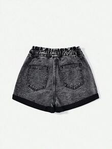 SHEIN Holidaya 纯色编织腰带抽绳休闲卷边夏季百搭牛仔短裤 - 黑色 - 查看 2