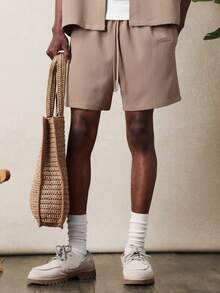 SUMWON Textured Button Down Shirt And Drawstring Shorts Co Ord Set Summer Casual Matching Outfit Two Piece Ensemble Lightweight Vacation - Khaki - View 4