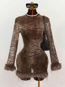 Mistrie Đầm dự tiệc ngắn gợi cảm, bồng bềnh, phối nhung và lưới. - Cà phê nâu - Xem 5