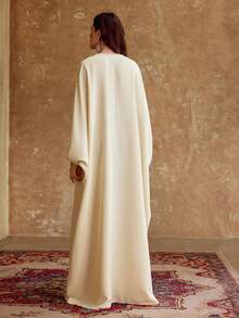 ZEYLAH WOMEN'S EMBROIDERED SEQUIN BEADED V-NECK BATWING SLEEVE LOOSE ARABIC STYLE DRESS - Apricot - View 4