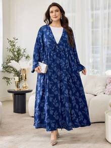 Al Najma Plus Size Solid Color Cut-Out Woven Loose Casual Arabic Abaya Robe For Women - Navy Blue - View 4