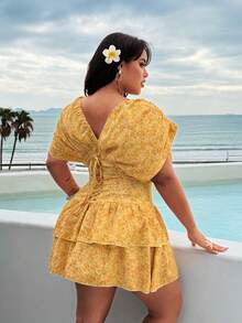 Rustia Sommerurlaub Ditsy Floral geraffter Schulter Kreuz-Rücken V-Ausschnitt ärmelloses kurzes A-Linien Kleid für Frauen - Verschiedenfarbig - Übersicht 7