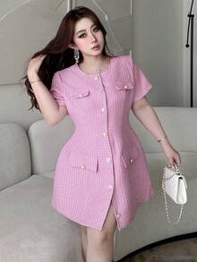 Vibekara Plus Size Round Neck Short Sleeve Elegant Front Button Summer Dress - Pink - View 7
