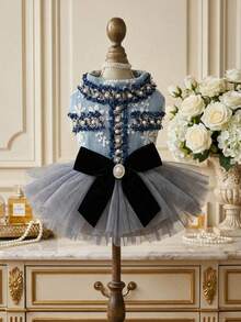 PETSIN 1 bộ quần áo đa năng cho mèo và chó, màu xám xanh nhạt, thích hợp cho mùa xuân và mùa thu, kiểu dáng công chúa với nơ ngọc trai trang trí. - Màu xanh xám - Xem 12