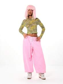 SUMWON WOMEN Camouflage Long Sleeve Mesh Top With Round Neckline And Fitted Silhouette For Casual Everyday Streetwear Style - Green - View 3