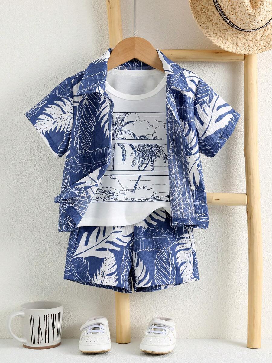 SHEIN 3件套男女宝宝可爱度假风衬衫套装，短袖T恤和针织上衣叠穿，男宝宝度假裙套装，服装套装，夏威夷风情裙 - 藏蓝色 - 查看 1