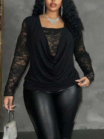 SHEIN Clasi Plus Size Women's Fashion Lace Patchwork Loose Neck Long Sleeve Top Valentine's Day Black Lace Sheer Top Plus Size Black Lace Top Plus Size Black Long Sleeve Top Plus Size Sheer Top Plus Size Women Blouse  Plus Size Black Tops Plus Size Long Sleeve Top Plus Size Women Clothes Blouse