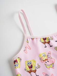SpongeBob SquarePants | SHEIN Conjunto de 2 piezas de top de tirantes y shorts tipo bóxer con gráficos de dibujos animados lindos para niña - Amarillo - Ver 7