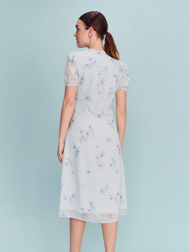 Blue Check Print V Neck Midi Dress With Tie Front Detail And Short Puff Sleeves Spring Summer Wedding Guest Dress French Style Parisian Style Going Out
