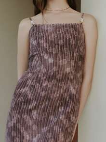 Nöista Slip Dress Features A Delicate Vertical Stripe Pattern With Subtle Floral Detailing With Adjustable Straps. Spring, Summer, Weeding Dress, Easter, Night, Formal Event, Woman. - Brown - View 5