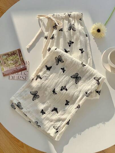 Comfortcana Quần ống đứng dáng thường ngày dành cho nữ, họa tiết bướm, có dây rút.