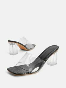 Glitzique New Fashion Crystal High Heel Pumps, Thick Heel Mesh Design Summer Sandals For Women, Party Shoes - Black - View 4