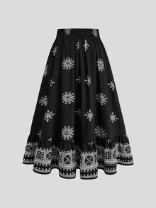 GlowEve CURVE Boho 90s Plus Size Skirt Maxi Length With Random Print And Ruffle Hem Woven Black And White Design Beach Vacation Gym Summer - Multicolor - View 4
