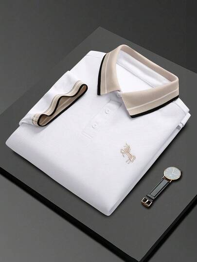 Manfinity Mode Men's Jacquard Collar Embroidered Short Sleeve Casual Polo Shirt,Men Old Money,Daily Leisure, Weekend Trips, Outdoor Activities, Travel Expeditions, Relaxed Work Environments Or Semi-Formal Occasions, Boyfriend/Husband Gift, Anniversary /Birthday Gift Party Summer Vacation Holiday,Wedding,Spring To Summer,Easter,Men's White Short Sleeve Polo Shirt With Contrast Collar And Embroidered Logo Casual And Stylish For Summer Everyday Wear,Men Polo Shirt,White Polo Shirt Men,Elegant Shirts,Luxury Clothes For Men,Champagne Shirts For Men