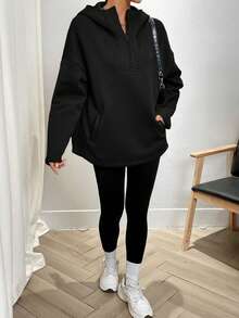 EMERY ROSE Áo nỉ nữ cỡ lớn tay dài màu trơn dáng rộng có mũ kéo khóa nửa thân - màu đen - Xem 6