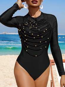 SHEIN Swim Mulvari Bộ Burkini 3 món dành cho nữ, đính cườm và tua rua: Áo Burkini, quần Burkini và váy quấn. - màu đen - Xem 3
