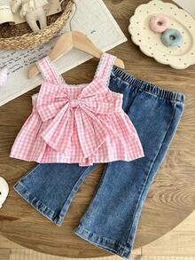 SHEIN 2pcs/Baby Girl's Plaid Camisole Top With 3D Bow And Embroidered Lace Trim, Paired With Flared Pants For A Stylish Vacation Outing Set - Pink - View 3