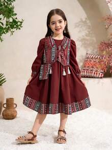Robe de vacances décontractée à imprimé géométrique pour jeune fille - Rouge foncé - Voir 1