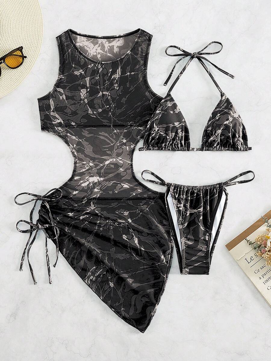 Swim Vcay Bikini fasciante alla moda con stampa casuale, set di costumi da bagno con copyright acquistato, set da 3 pezzi per donna, set bikini da 3 pezzi, set copricostume da spiaggia da 3 pezzi per donna - nero - Visualizzare 1