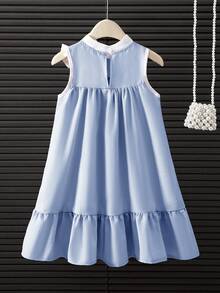 Elladie kids Vestido sin mangas de estilo vacacional, suelto y de unicolor elegante para niñas en verano - Azul - Ver 2