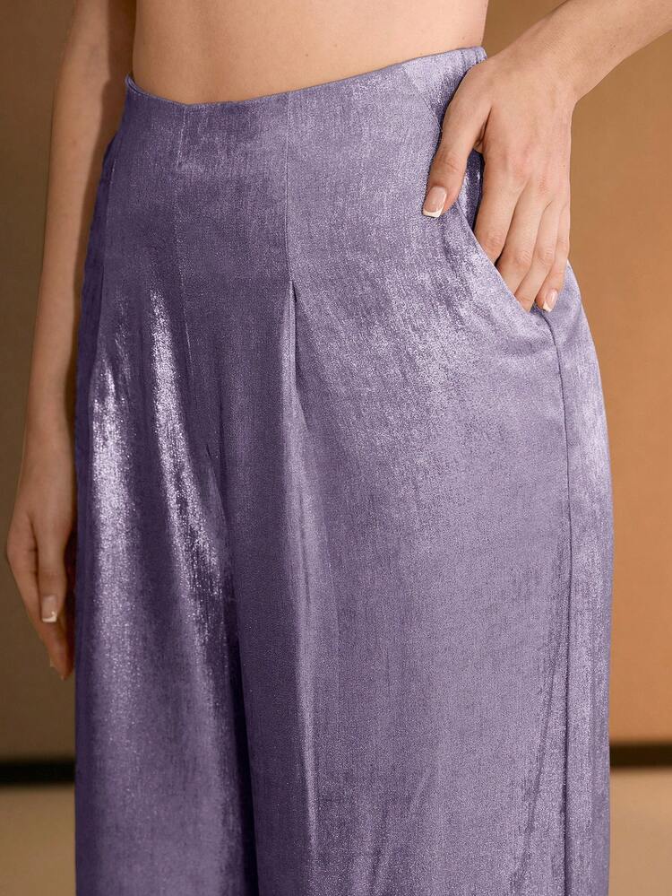 METALLIC COATED FABRIC FASHION LOOSE WIDE LEG SUIT PANTS