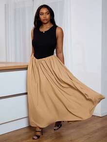 Veslaya 2026春夏新款大码女装休闲、度假、通勤无袖黑色纹理针织拼接卡其色A字长裙 - 彩色 - 查看 2