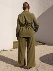 Juhart Conjunto informal de 2 piezas de talla grande, unicolor, con botones delanteros y manga raglán cómoda - Verde militar - Ver 2