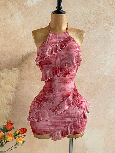 Soleia Vestido mini ajustado con tirantes finos y dobladillo con volantes, de moda para el verano