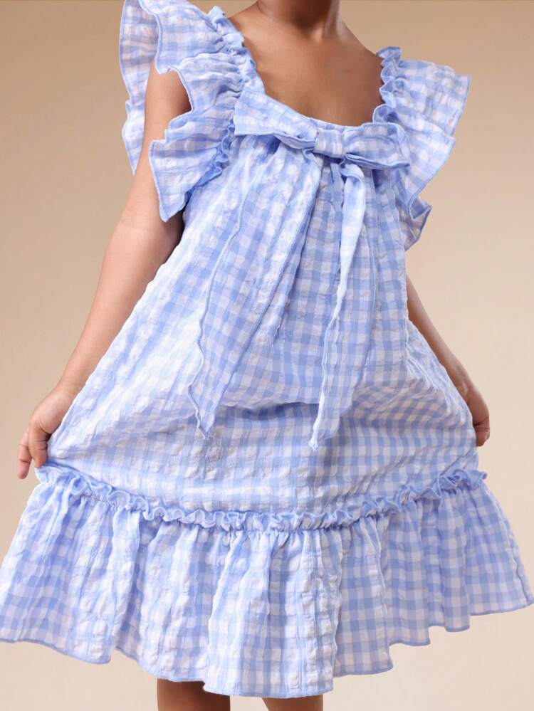 Square Neck Ruffle Gingham Check Dress