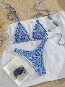 Swim Mod 2件套新款随机印花露背性感优雅度假比基尼套装，适合海滩、泳池、派对等场合。 - 藍白色 - 查看 5