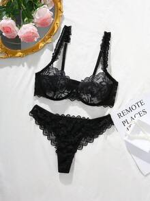 Bisouelle 女士性感浪漫薄纱蕾丝钢圈聚拢文胸内裤套装，夏季 - 黑色 - 查看 6
