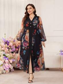 Modelyn 大码女式碎花印花收腰A字灯笼袖浪漫优雅长裙，春夏款 - 彩色 - 查看 5