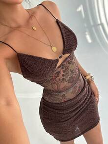 Aloruh Đầm ngắn ôm sát gợi cảm với dây mảnh, chất liệu vải dệt họa tiết Bohemian mới, kiểu dáng hở vai, thích hợp cho kỳ nghỉ. - màu nâu - Xem 6