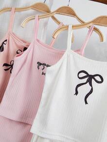 3pcs/Set Pakaian Dalam Anak Perempuan Motif Pita Kupu-kupu Atasan Camisole & Celana Dalam, Warna Pink Muda, Putih, Abu-abu, Set Camisole Musim Panas, Ukuran Kecil, Disarankan Memesan Ukuran Lebih Besar - Red and White - View 3