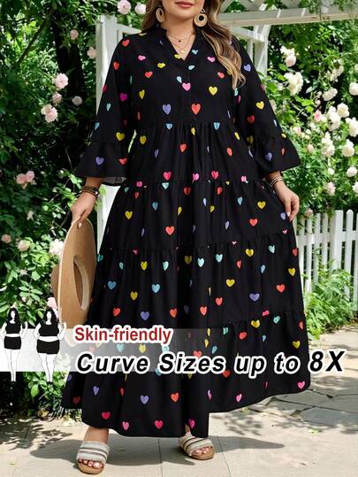 SHEIN CURVE+ Plus Size Women Floral Print Flared Sleeve Loose Vacation Dresssummer/Country/Beach Vacation Outfits/Beach Outfits/Beach Wear