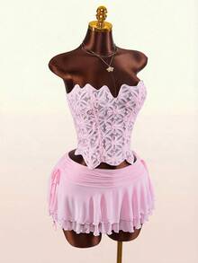 Amplova Women Floral Bandeau Top And Drawstring Waist Skirt Sexy 2 Pieces Set Floral Fabric Bud Bustier With Bow Tie, Sleeveless And Backless, Paired With An Ultra-Low-Waisted, Adjustable Mesh A-Line Skirt With Ruffled Hem – A Two-Piece Set Perfect For Spring Vacation Wear. Summer Dresses For Women Elegant Dresses For Party Summer Holiday Outfits Casual Outfits For Women Skirt Swimsuit Pink Corset Dress Dance Costume Pink Dress Short Pink Rave Outfit - Pink - View 7