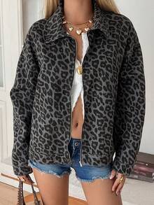 Chaqueta vaquera casual y holgada con estampado de leopardo para mujer - Café integral - Ver 2