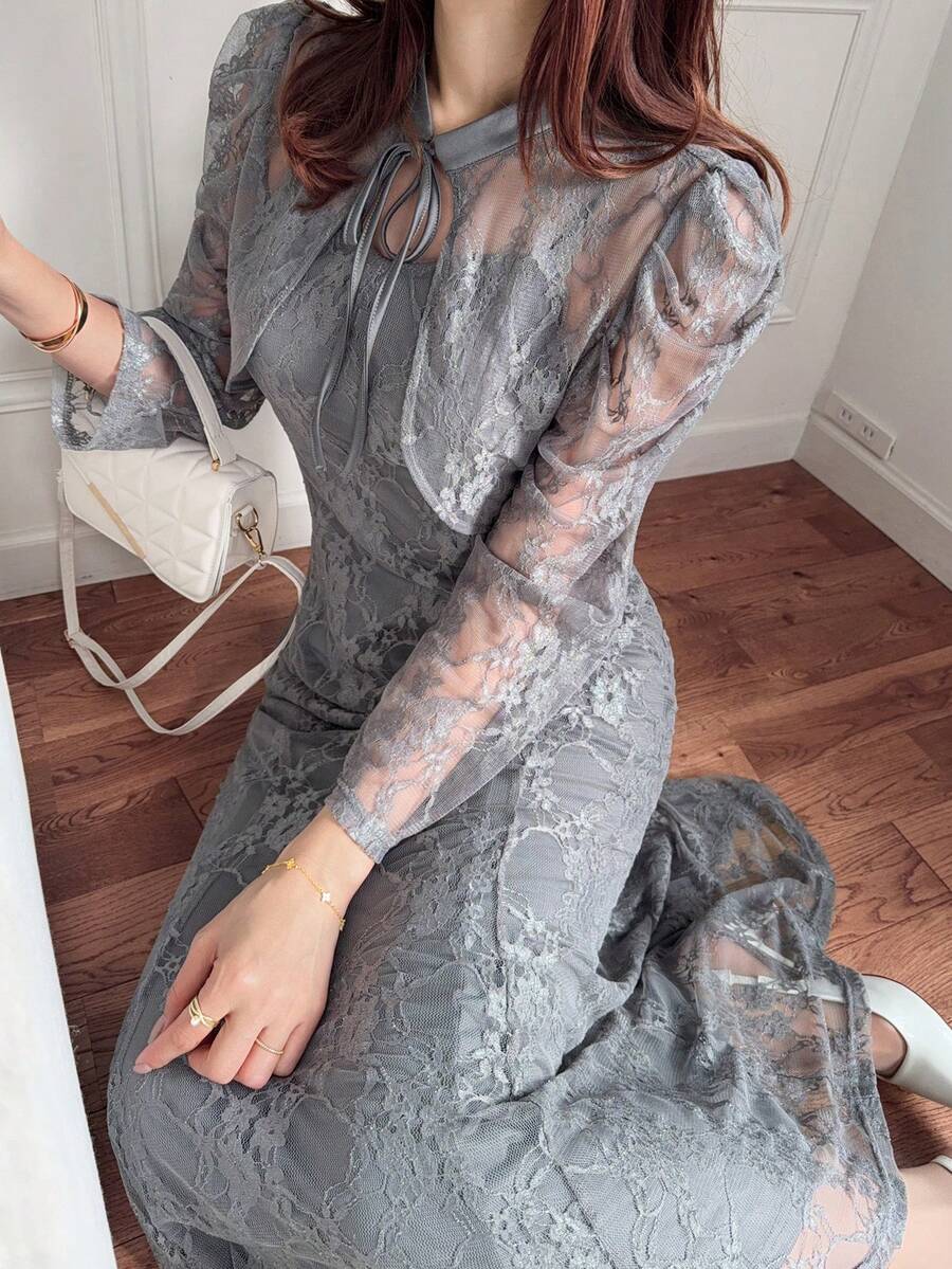 FRIFUL 女士深灰色薄纱蕾丝系带腰身两件套，商务休闲假日装扮 - 灰色 - 查看 1