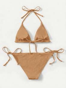 SHEIN Swim 女士纯色挂脖系带性感比基尼泳装套装，夏季沙滩 - 香檳色 - 查看 2