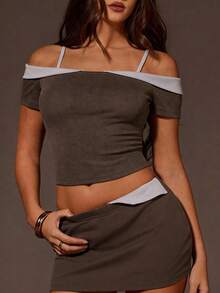 Athîral Women's Casual Knit Color Block Off Shoulder Short Sleeve Top And Mini Skirt Set - Light Grey - View 3