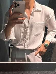 DAZY 男士休闲日常通勤纯色拼接口袋白色长袖衬衫，春夏秋季款 - 白色 - 查看 7