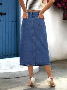 Breezaya 女士不对称纽扣前开衩口袋休闲牛仔迷你裙 - 藍色 - 查看 2