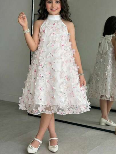 SHEIN Vestido sin mangas de línea A con cuello pequeño de pie y detalles florales 3D en capas para niña preadolescente