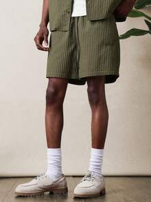 SUMWON Olive Textured Short Sleeve Shirt And Matching Shorts Co-Ord Set For Summer Relaxed Casual Everyday Wear Button Up Collar Style Vacation - Green - View 4