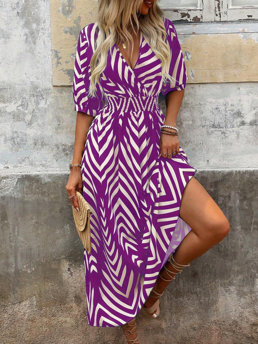 SHEIN Holidaya New Contrast Color Geometric Print V-Neck Ruched Waist Flared Hem Dress For Women, Suitable For Commuting And Vacation, Autumn - Purple - View 1