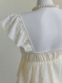 Elamini Women's White V-Neck Frill Tie Waist Bow Flutter Sleeve Blouse, Sexy & Sweet European Style For Beach Vacation - White - View 6